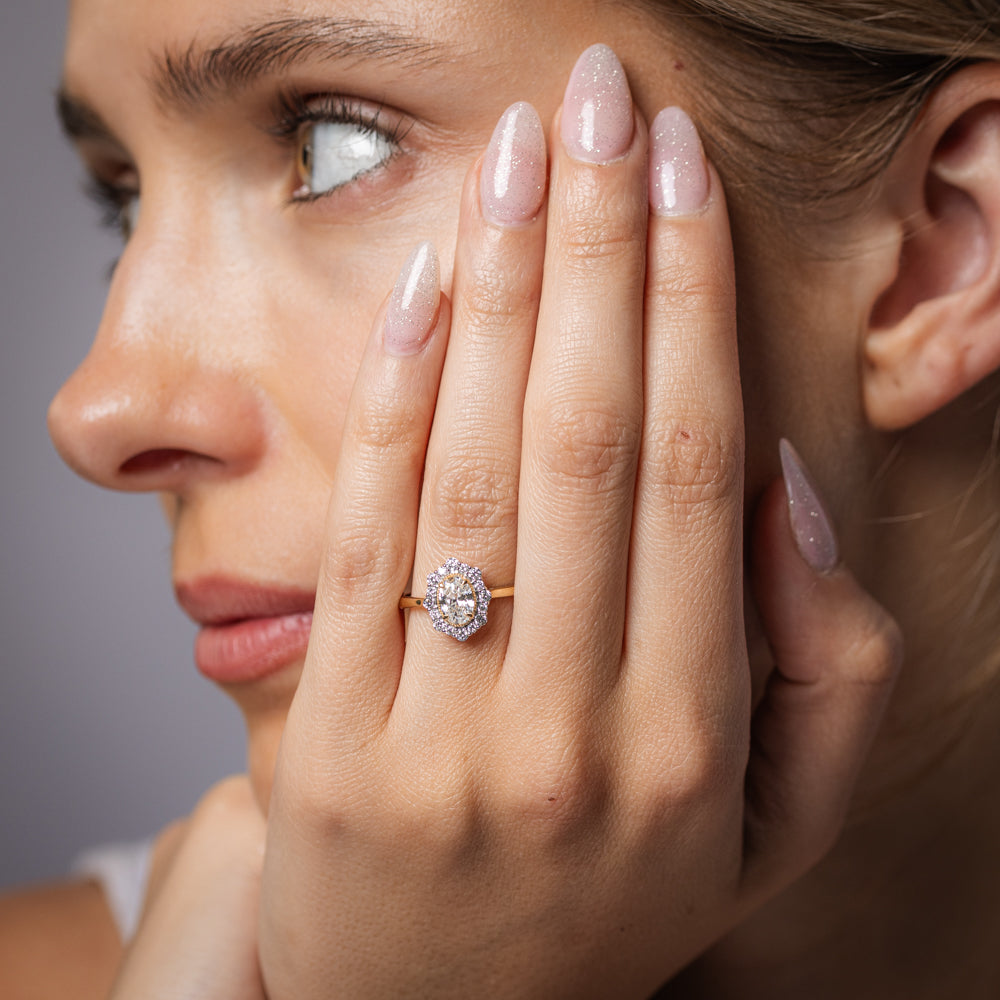 Luminesce Lab Grown 1 Carat Diamond Oval Halo Ring in 9ct Yellow Gold