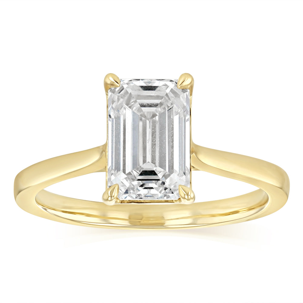 Luminesce Lab Grown 2 Carat Diamond Solitaire Emerald Ring in 9ct Yellow Gold